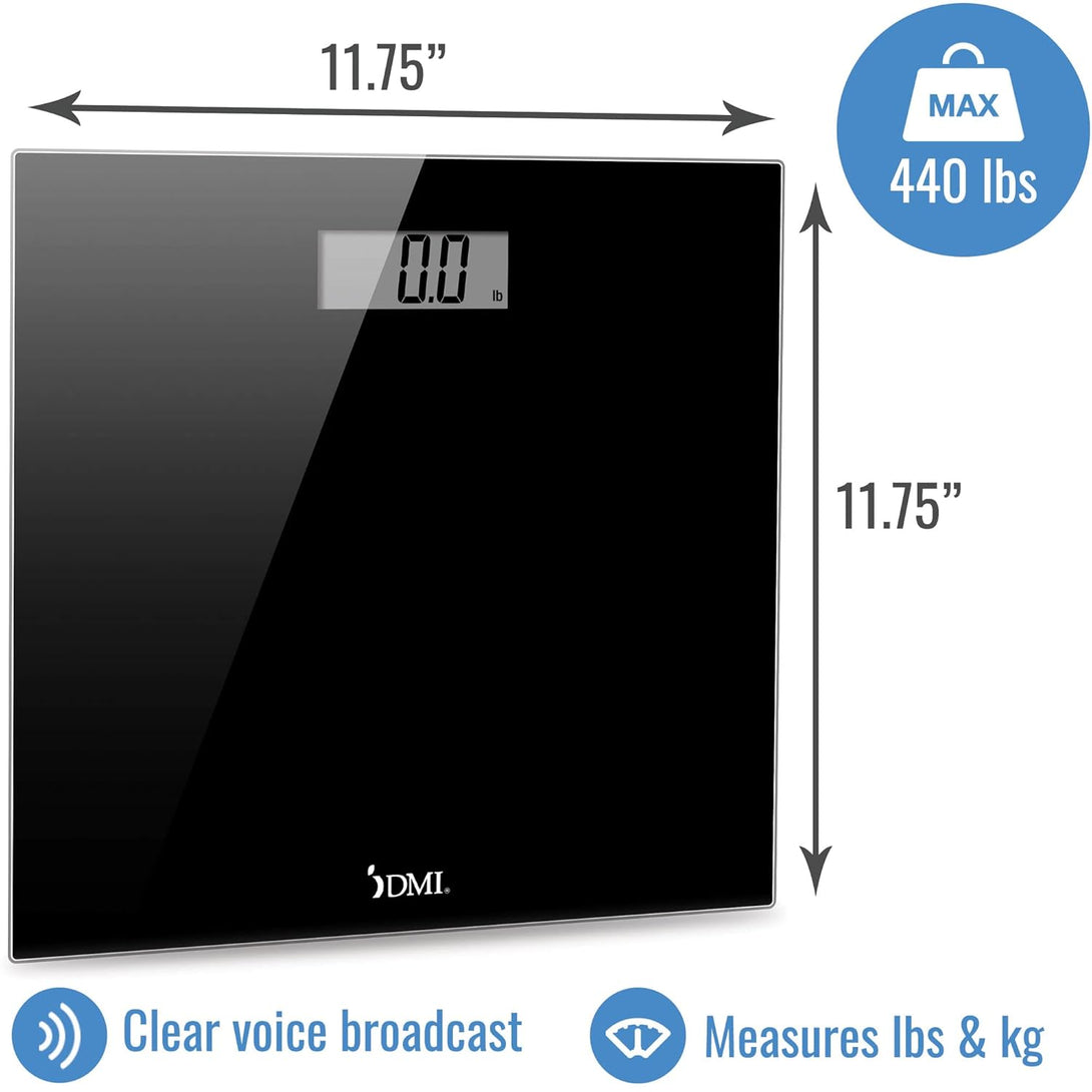 DMI Talking Digital Bathroom Scale for Body Weight, 440 Lb. Weight Capacity, Clinically Accurate Measurements, Heavy Duty Sleek Tempered Glass Body Weight Scale, Bathroom Scales for Weight, Black