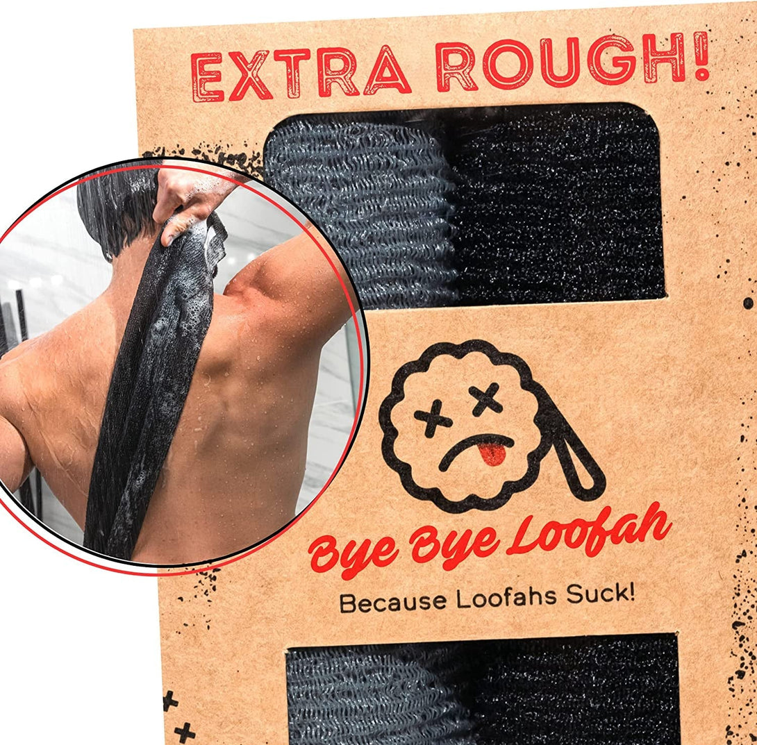 Extra Rough Exfoliating Washcloth - Extreme Body & Back Scrubber for Shower, Extra Long, Hygienic Exfoliator Wash Cloth, Men or Women, 2 Count Pack, 1 Black & 1 Grey Color, Bye Bye Loofah