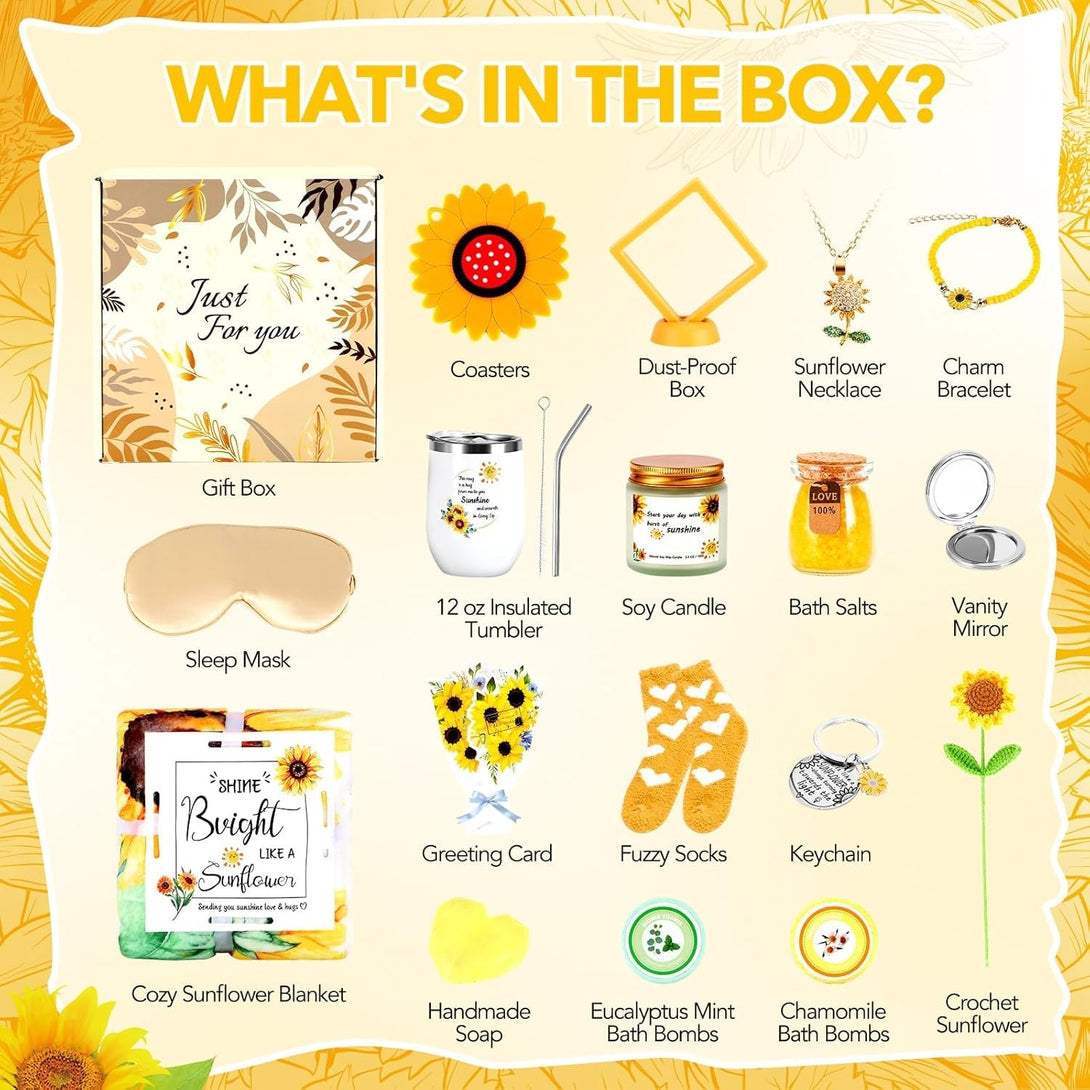 Sunflower Gifts for Women, 18 Pcs Get Well Gifts, Sending Sunshine Gift, Birthday Gift Sets, Gift Baskets for Mom Self Care Package, Inspirational Thank You Gifts Spa Gifts for Sister Mom Best Friends