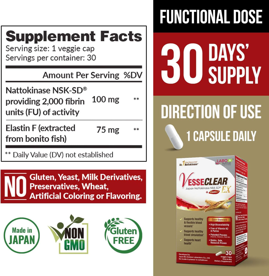 LABO Nutrition Vesseclear EX: Nattokinase Nsk-Sd+Elastin F for Clean & Flexible Blood Vessel. Japan'S Most Research Proven, Functional Dose, Acid-Resistant/Delayed Release Capsules