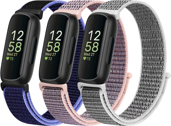 Nylon Bands Compatible with Fitbit Inspire 3/2/Hr/Ace 3/2, Breathable Sport Replacement Straps, Soft Adjustable Solo Loop, New Midnight Blue+Pink Sand+Seashell