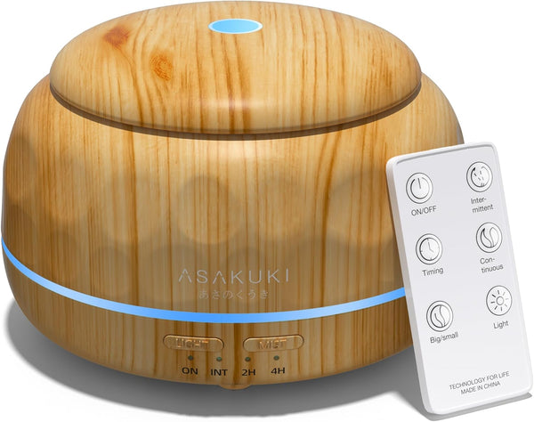 ASAKUKI Essential Oil Diffuser, 300ML Aromatherapy Humidifier with 7-Color Light, Small Home Diffuser with Remote Control for Relaxation -Light Wood
