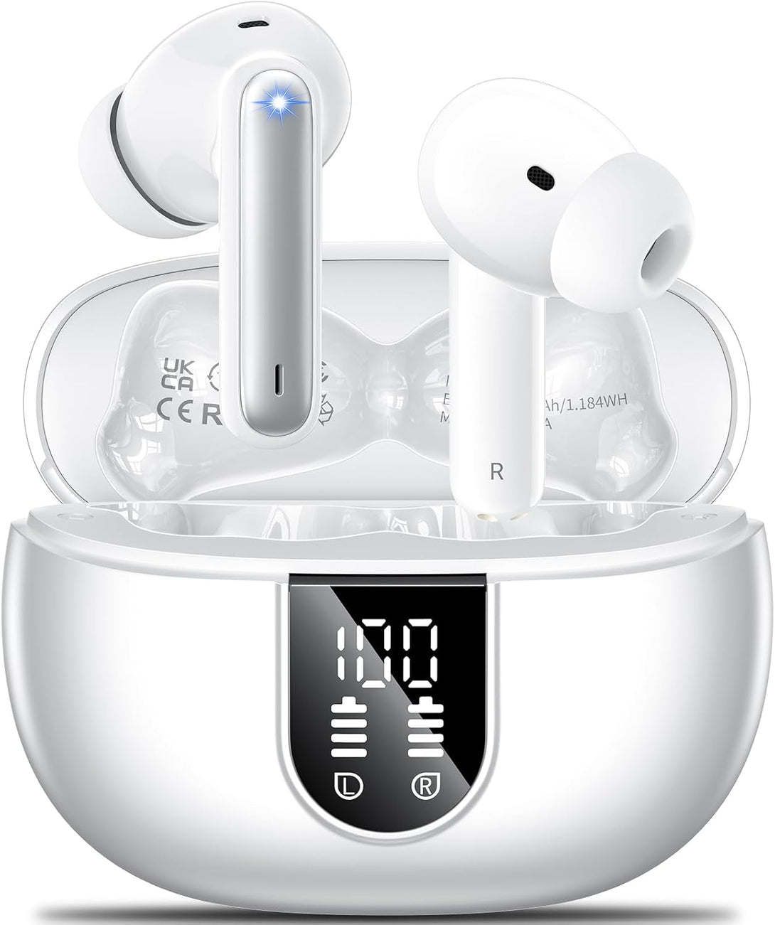 Wireless Earbuds, 2024 Wireless Headphones Hifi Stereo Earphones with 4 ENC Noise Canceling Mic, 42Hs Playtime in Ear Earbud, Bluetooth 5.3 Sport Earphones with LED Power Display for Android Ios White