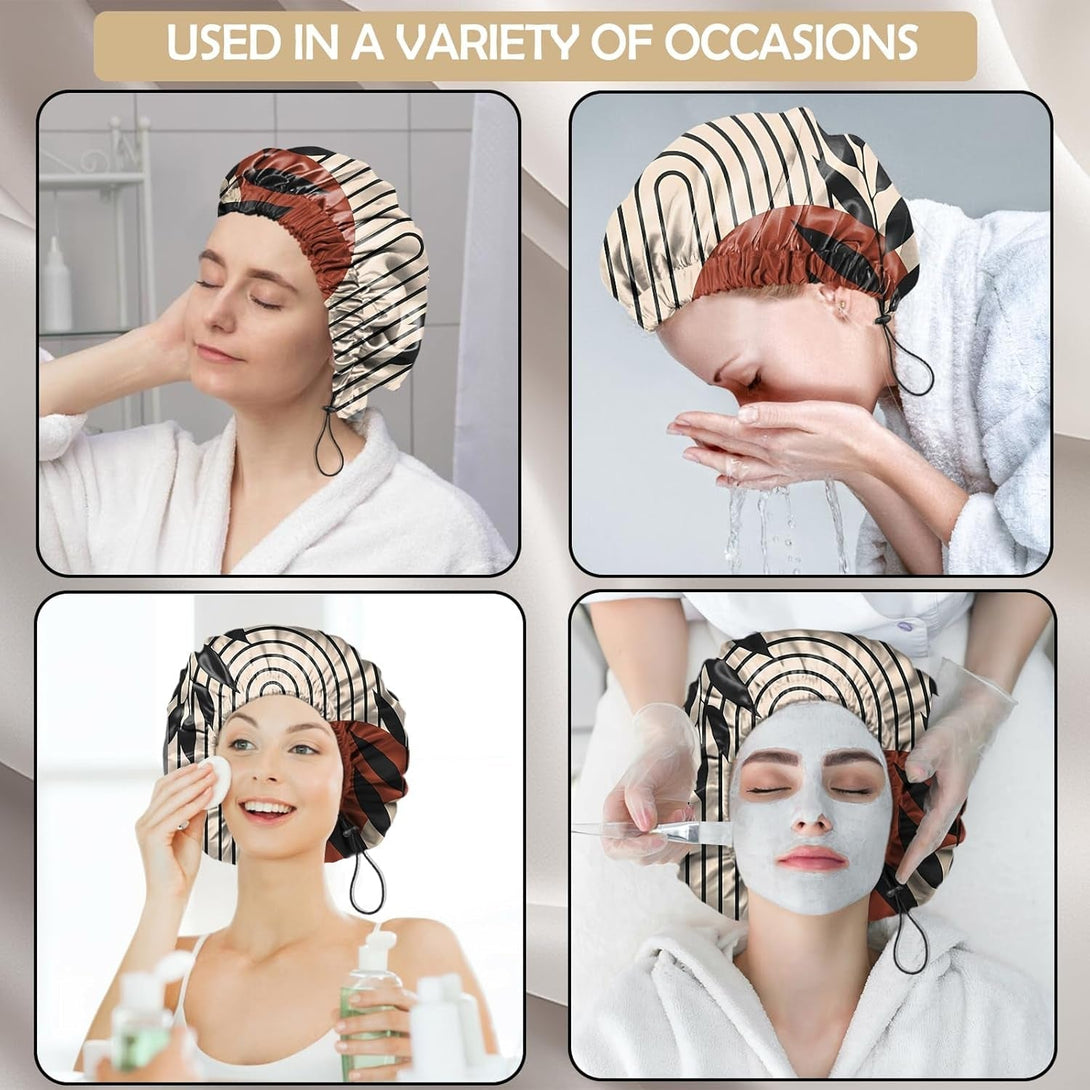 2 PCS Shower Cap Adjustable Reusable Double Waterproof Layer Elastic Hair Bath Cap Cute Aesthetic for Women Girls-Leaf