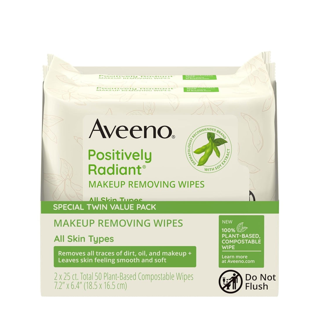 Aveeno Positively Radiant Oil-Free Makeup Removing Face Wipes to Help Even Skin Tone and Texture with Moisture-Rich Soy Extract, Gentle Facial Cleansing Wipes, Twin Pack, 2 X 25 Ct.
