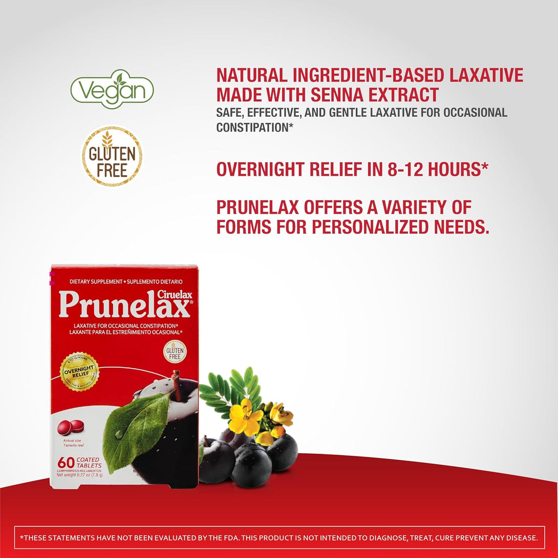 Prunelax Ciruelax Regular Strength Laxative Mini Tablets - Overnight Relief for Occasional Constipation, Senna Extract, Vegan & Gluten-Free, Gentle Relief - 60Ct