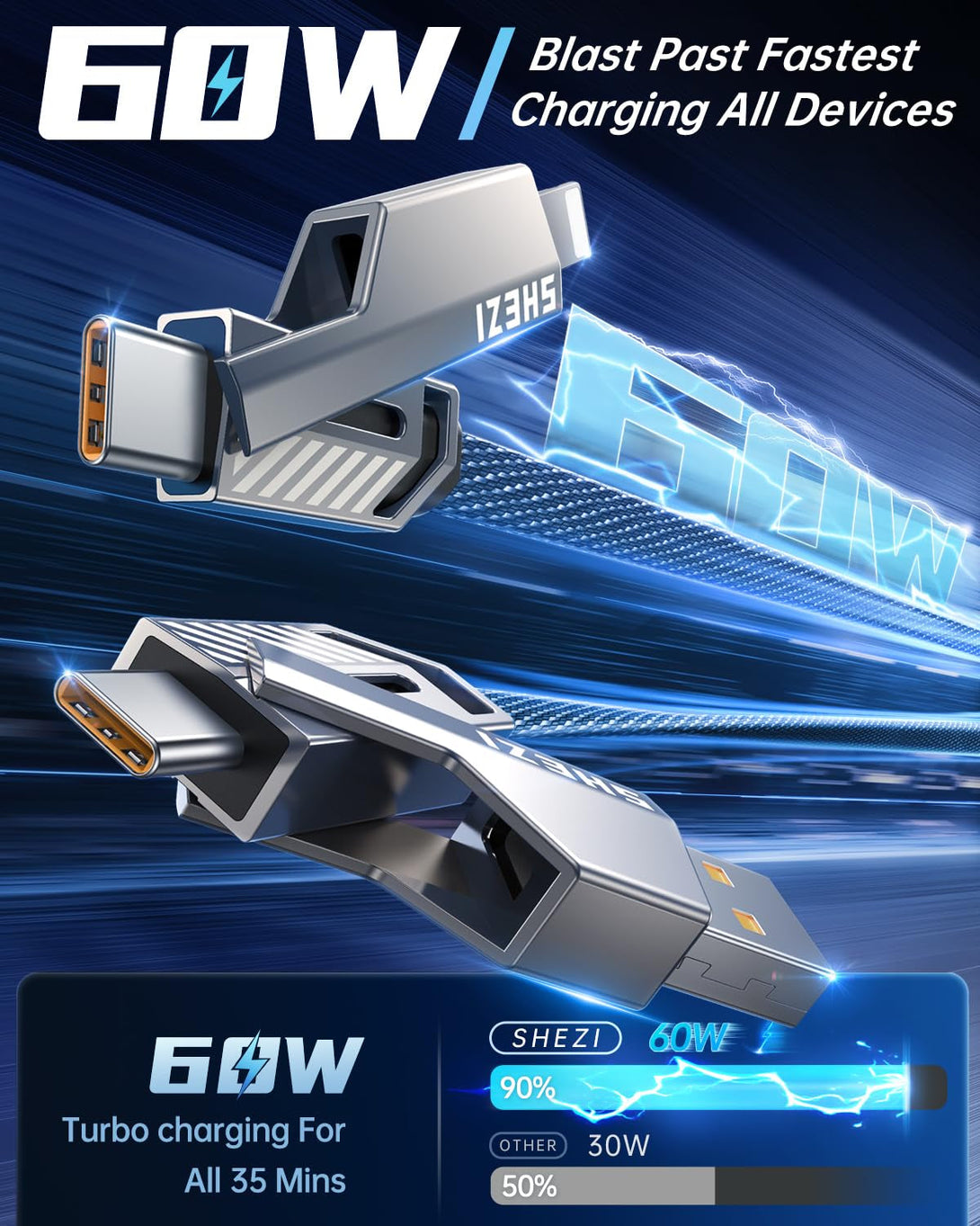 [Upgraded 2.0] SHEZI 4-In-1 USB C Cable 60W 5FT Lightning Cable MFI Certified [Fast Charging & Data Sync] Flat Braided Multi Charger Cord Combo with Lightning/Usb C/A Port for Iphone/Ipad &All Devices