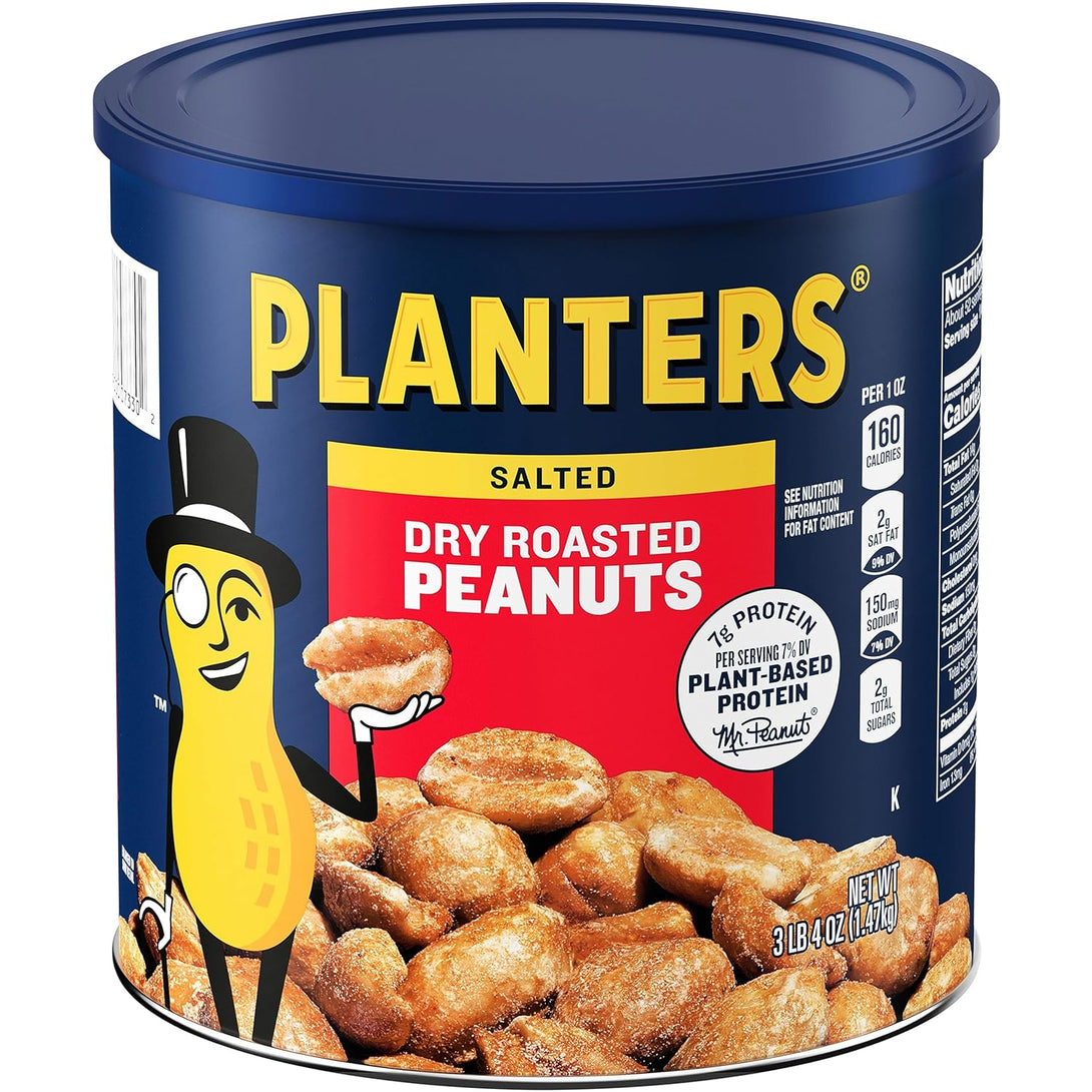 PLANTERS Salted Dry Roasted Peanuts, Party Snacks, Plant Based Protein 52 Oz Cannister