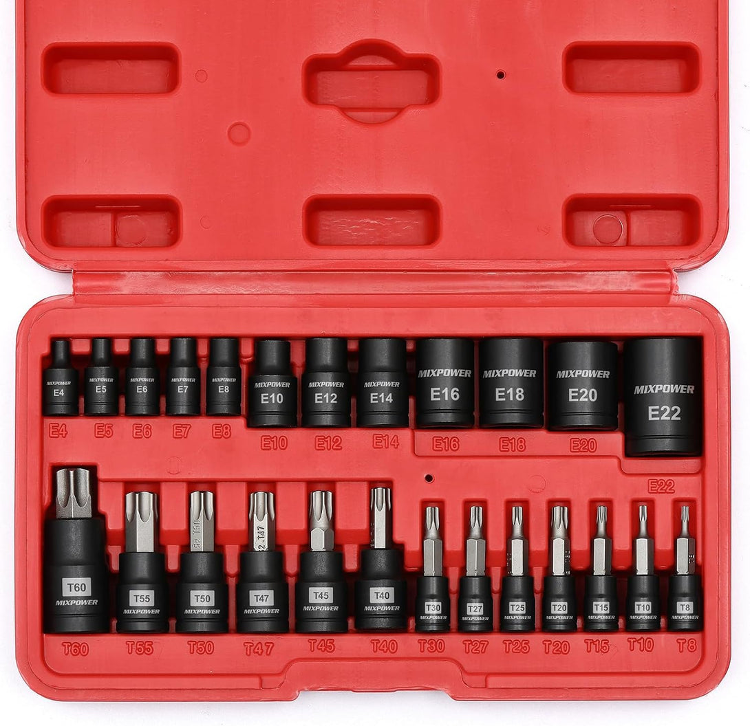 MIXPOWER 25 Piece Torx Bit and Socket Set, 13 Star Bits (T8- T60) & 12 E-Torx Sockets (E4-E22), Professional Grade Auto & Motorcycle Mechanic Set