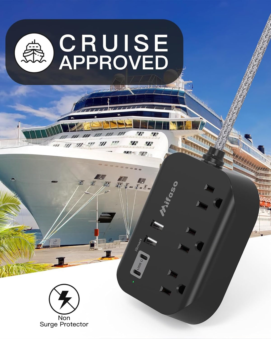 Cruise Ship Essentials - Mifaso Power Strip with USB, Mountable Flat Plug Power Strip with 3 Outlets 4 USB Ports(Smart 3.1A), 5Ft Braided Extension Cord, Compact for Cruise Ship, Travel, Home, Dorm
