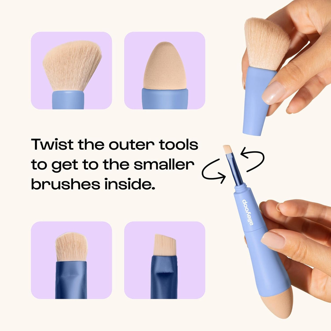 Alleyoop Multi-Tasker 4-In-1 Travel Makeup Brush Set – Compact Makeup Brushes with Blending Sponge, Eyeshadow, Eyebrow & Liner, Blush & Bronzer Brush – Mini Makeup Tools Kit for Women, Vegan