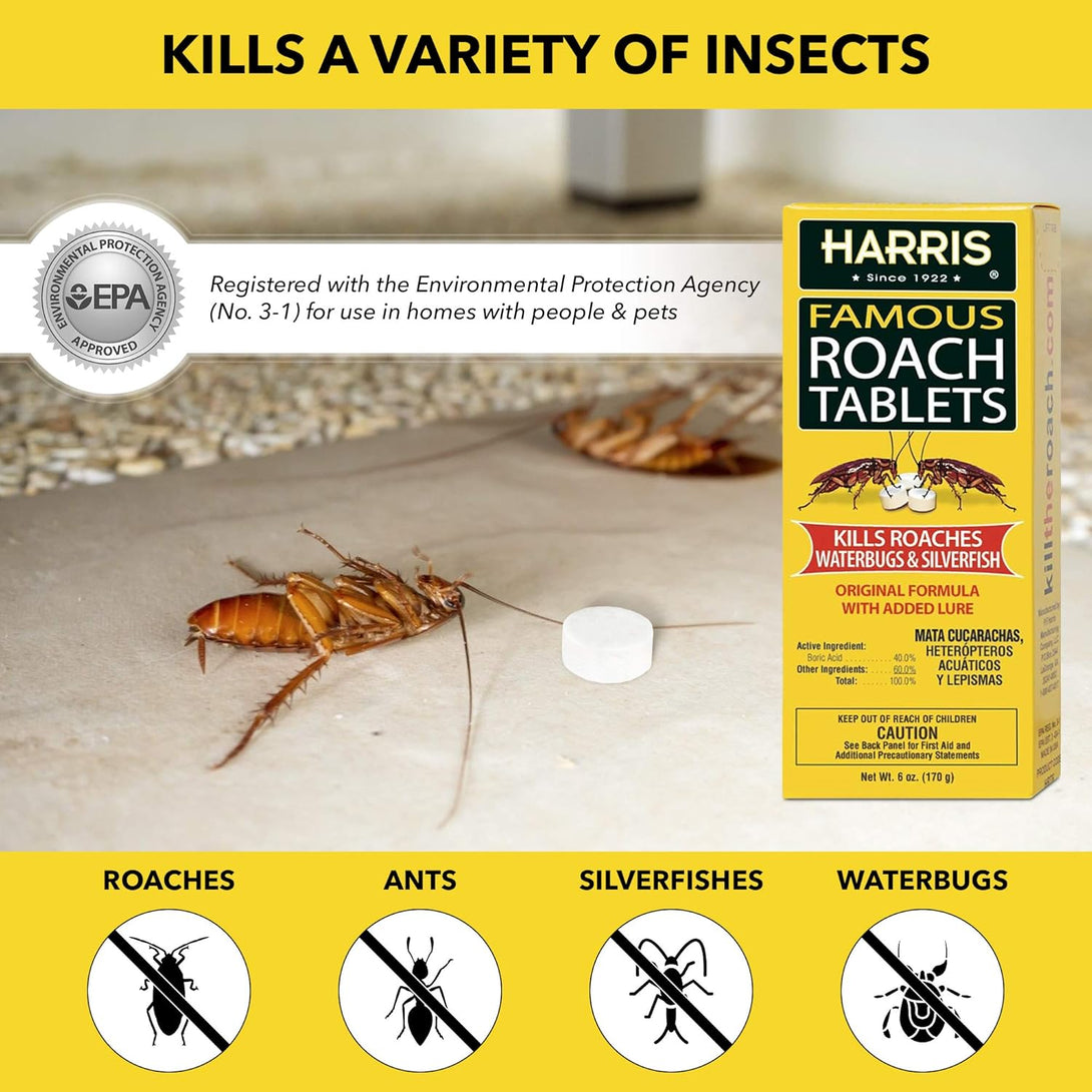 Harris Roach Tablets, Boric Acid Roach and Insects Killer with Lure, Alternative to Bait Traps (6Oz, 145 Tablets)