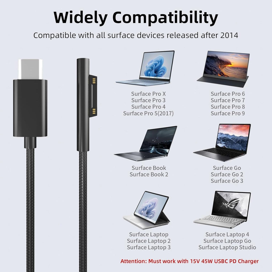 P45W USB-C Charger Cable 15V 3A Compatible with Microsoft Surface Pro 3/5/6/7Go3/2/1 Laptop 4/3/2/1 Type-C to Surface Nylon Braided Cable Power Supply - 2-Pack Black 6.6Ft