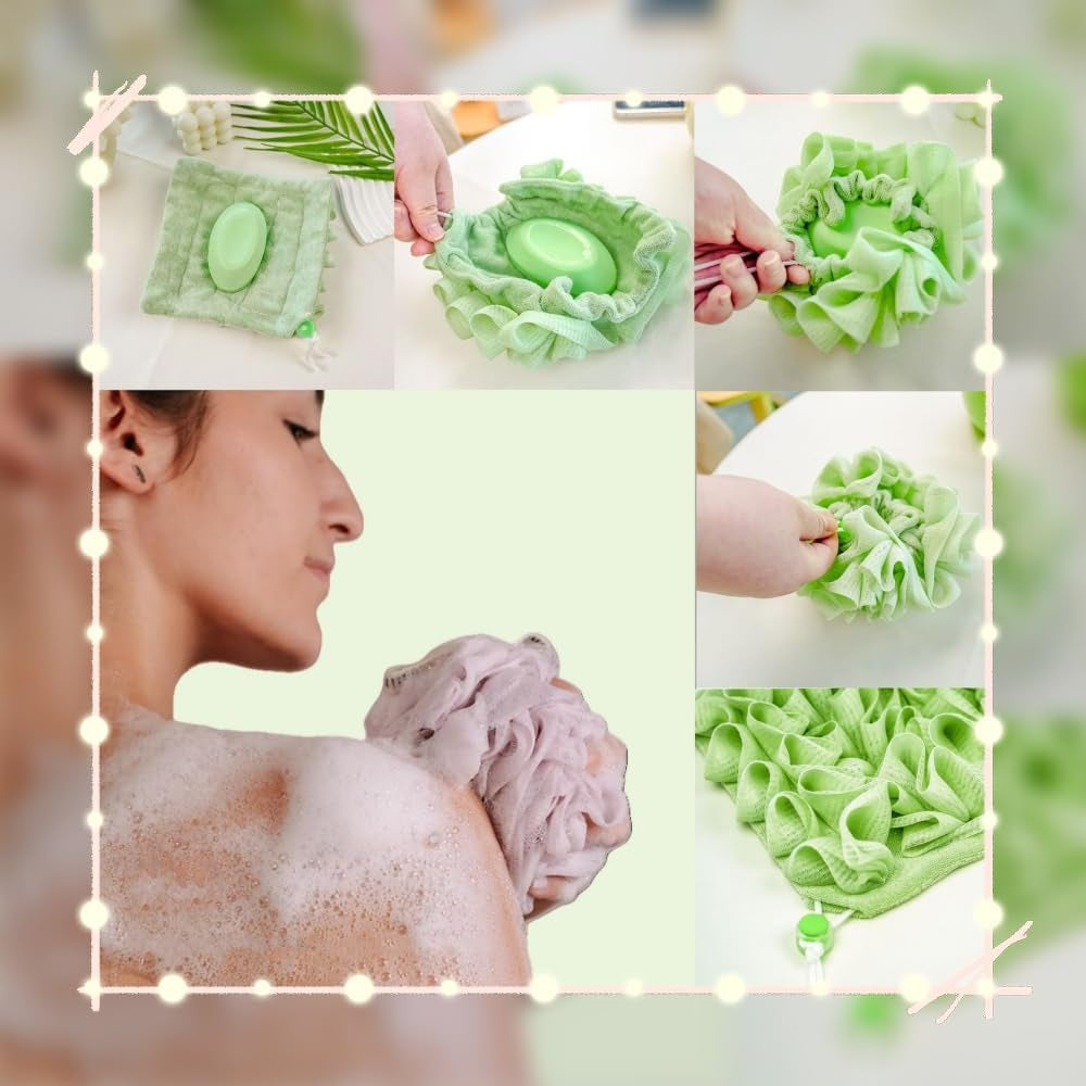 Washcloth Loofah Combo 2-In-1 Loufee Washcloth That Holds Bar Soap-Exfoliation Mesh Shower Ball for Body Wash & Smooth Skin+Free Loofah Dish Towel (Six Colors One Each)