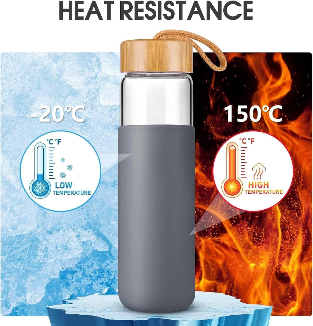 20 Oz Borosilicate Glass Water Bottle with Bamboo Lid and Silicone Sleeve – Reusable BPA Free Drinking Bottle with Lids - Cute Bottle for Women - Glass Shaker Bottle (Charcoal Grey)