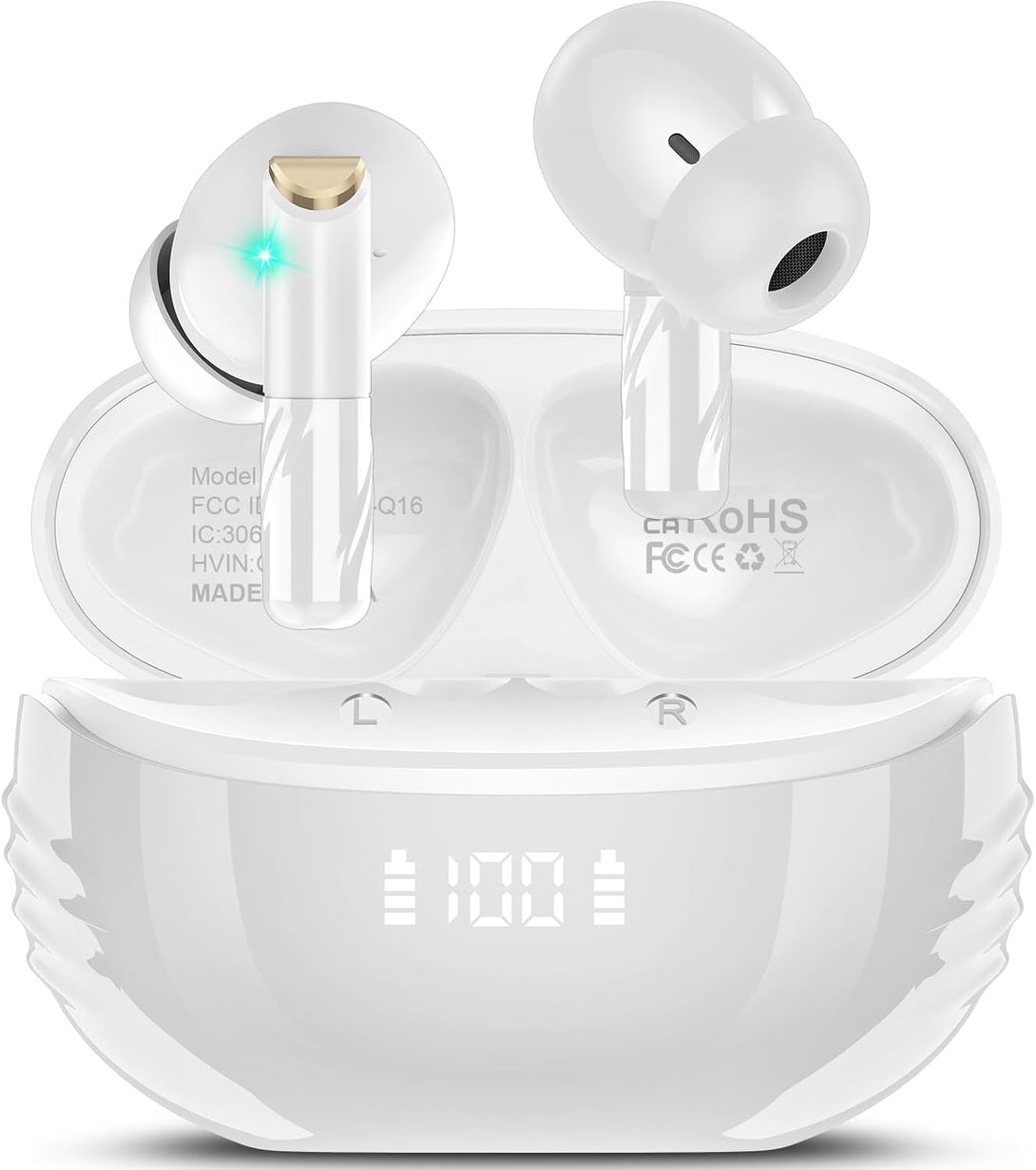 Wireless Earbuds Bluetooth 5.4 in Ear Light-Weight Headphones Built-In MIC, 48H Playback Hifi Stereo Bass Earphones, IPX7 Waterproof Ear Buds with Digital Display Charging Case, Touch Control, White