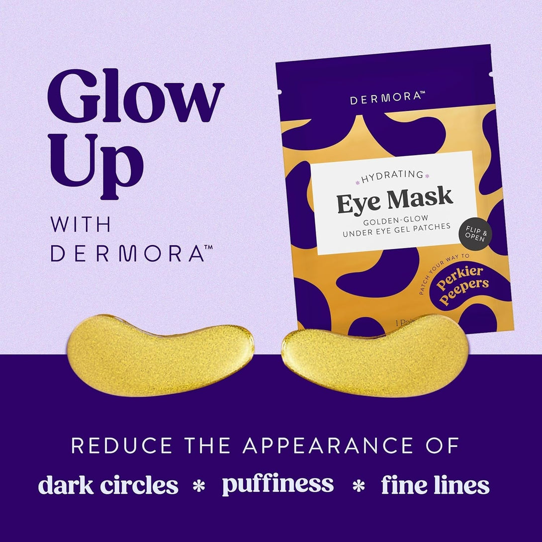 DERMORA Golden Glow under Eye Patches (20 Pairs Eye Gels) - Rejuvenating Treatment for Dark Circles, Puffy Eyes, Refreshing, Revitalizing, Travel, Wrinkles