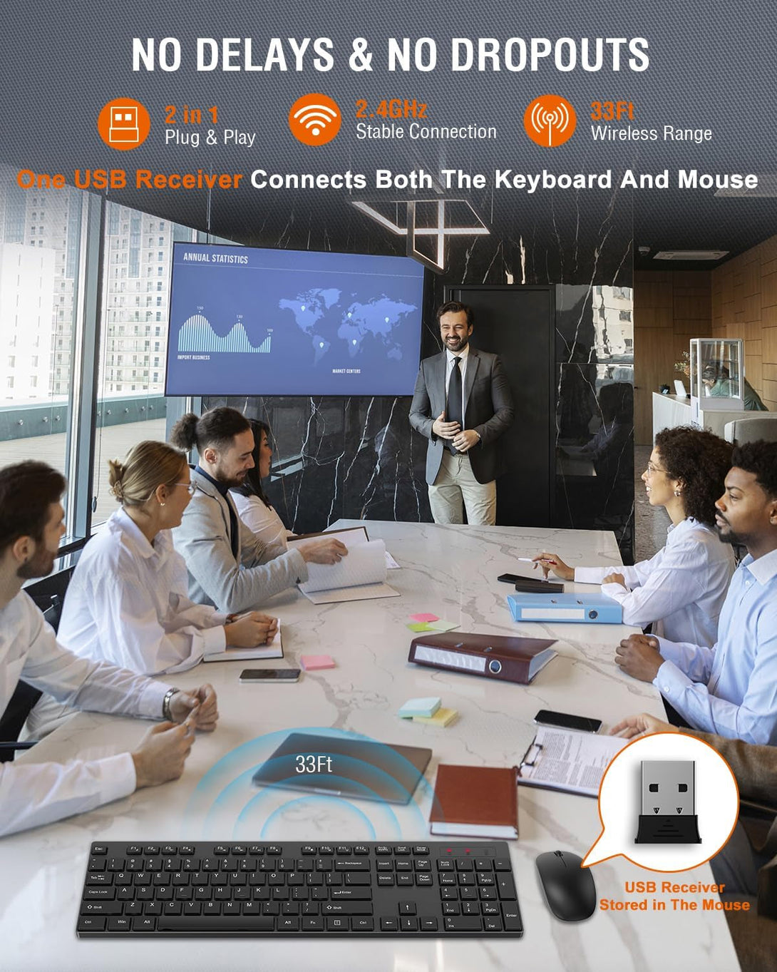 Wireless Keyboard and Mouse Combo, EDJO Silent Full Size Cordless USB Keyboard Mouse, 2.4Ghz Lag-Free, Long Battery Life, for Computer, Laptop, PC, Chromebook, Windows (Black, 1 Pack)