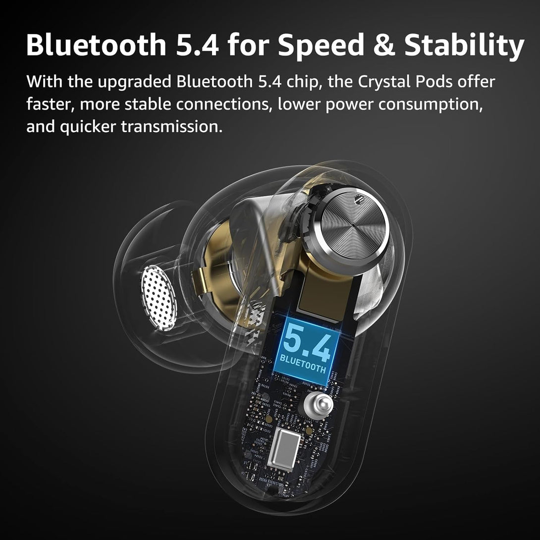TOZO Hybrid Active Noise Cancelling Wireless Earbuds, 10Mm Drivers Deep Bass Stereo Sound, 4 Mics Smart ENC AI Calls, 32 EQ Customization via App, Bluetooth 5.4 Headphones, Crystal Case Design