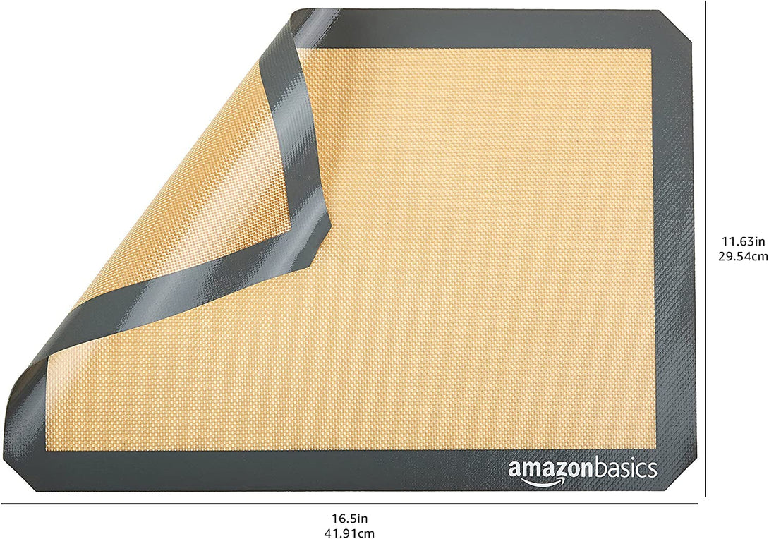 Amazon Basics Rectangular Silicone, Non-Stick Reusable, Food Safe Baking Mat, Pack of 2, 16.5"L X 11.6"W, New Beige/Gray