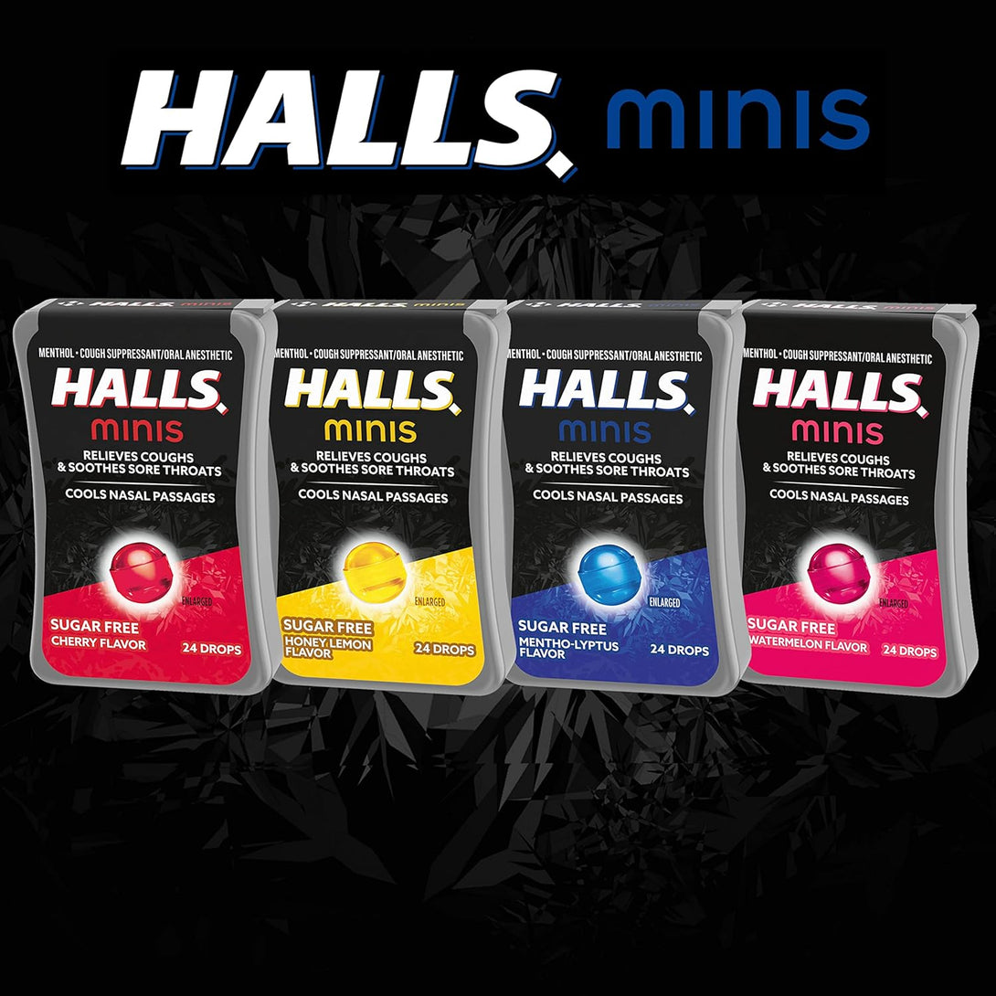 HALLS Minis Cherry Flavor Sugar Free Cough Drops, 8 Packs of 24 Drops (192 Drops Total)