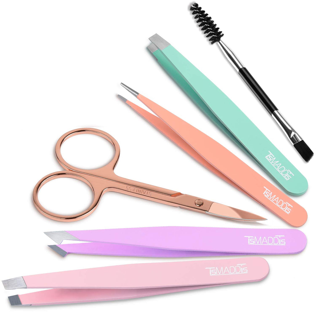 Tsmaddts Eyebrow Tweezer Set, 6 Pcs Tweezers Set for Women, Precision Tweezer for Eyebrows with Curved Scissors for Ingrown Hair, Hair Plucking Daily Beauty Tools with Leather Travel Case