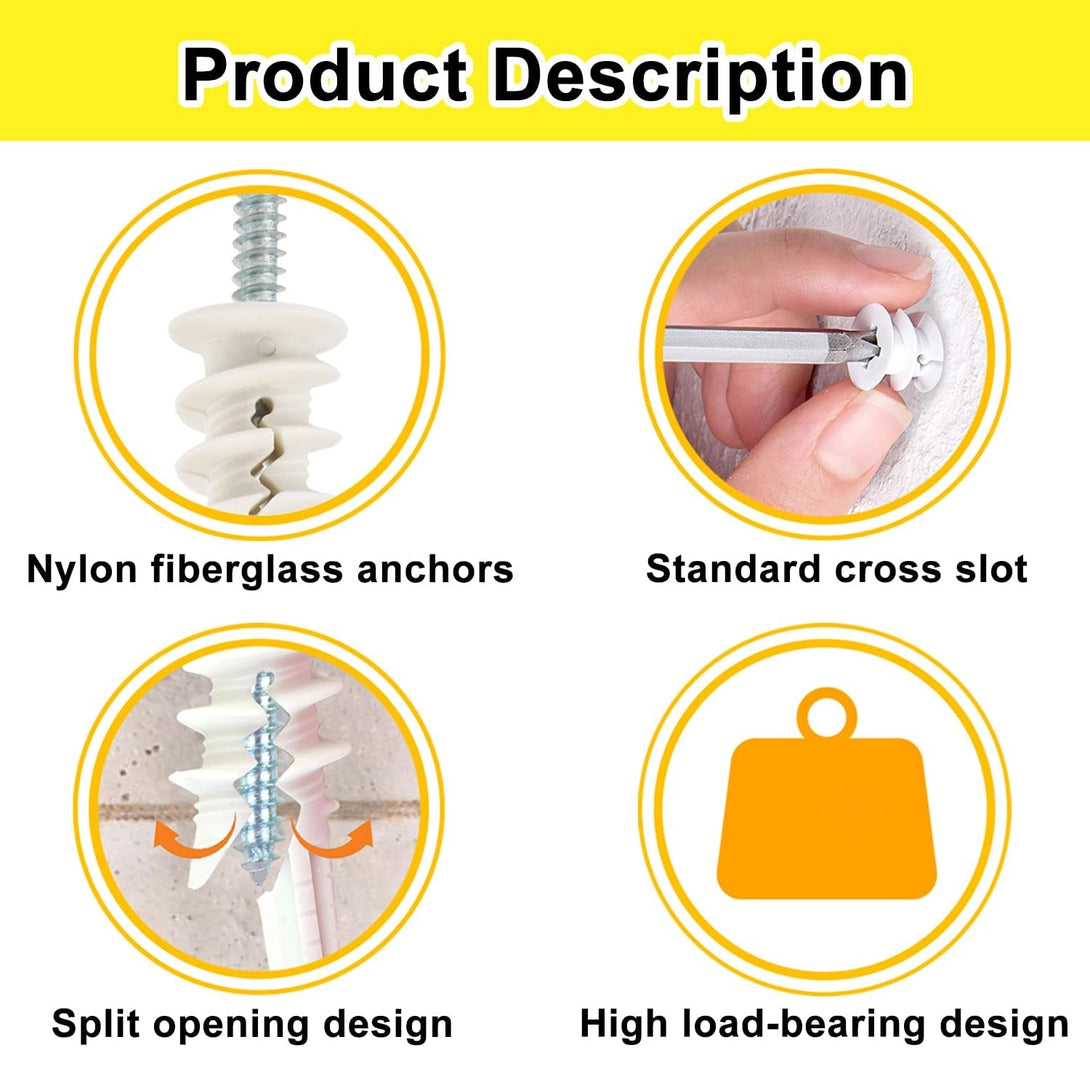 60 Pcs #8 Self Drilling Drywall Anchors,Dry Wall Anchors and Screws Kit, 30 Pcs Nylon Sheetrock Anchors and 30 Pcs #8 X 1-1/4'' Drywall Screw, No Pre Drilling Required-75 Lbs