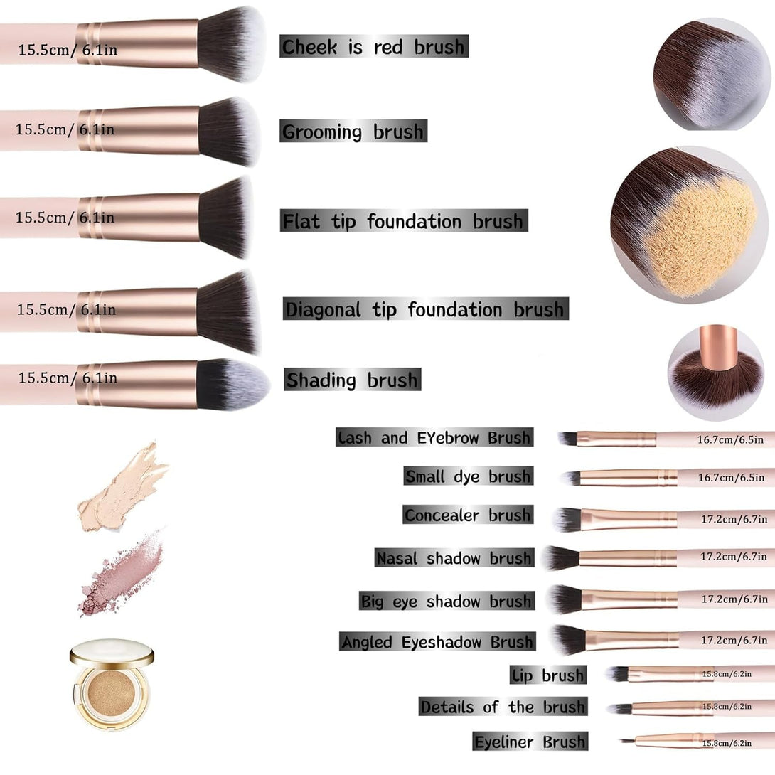 14 Piece Pink Makeup Brushes-Wooden Handle with Soft Synthetic Bristles,For Face & Eye Makeup|Professional Makeup Brushes Set for Women & Girls|