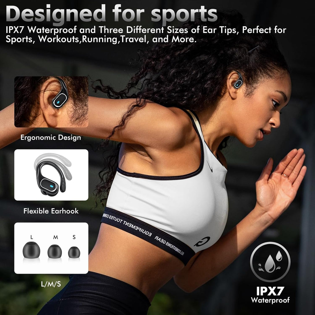 Wireless Earbuds Bluetooth Headphones 80Hrs Playtime Ear Buds IPX7 Waterproof Sports Earphones Wireless Charging Case Over-Ear Earhooks Headest - Black