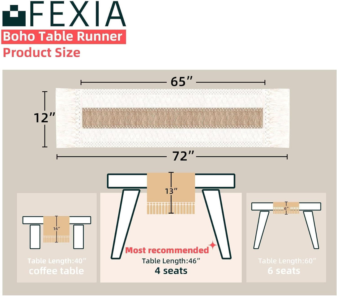 FEXIA Boho Table Runner for Summer Home Decor with Tassels 72 Inches Long Farmhouse Rustic Table Runner Macrame Burlap Table Decoration for Living Room Bridal Shower(12X72 Inches)