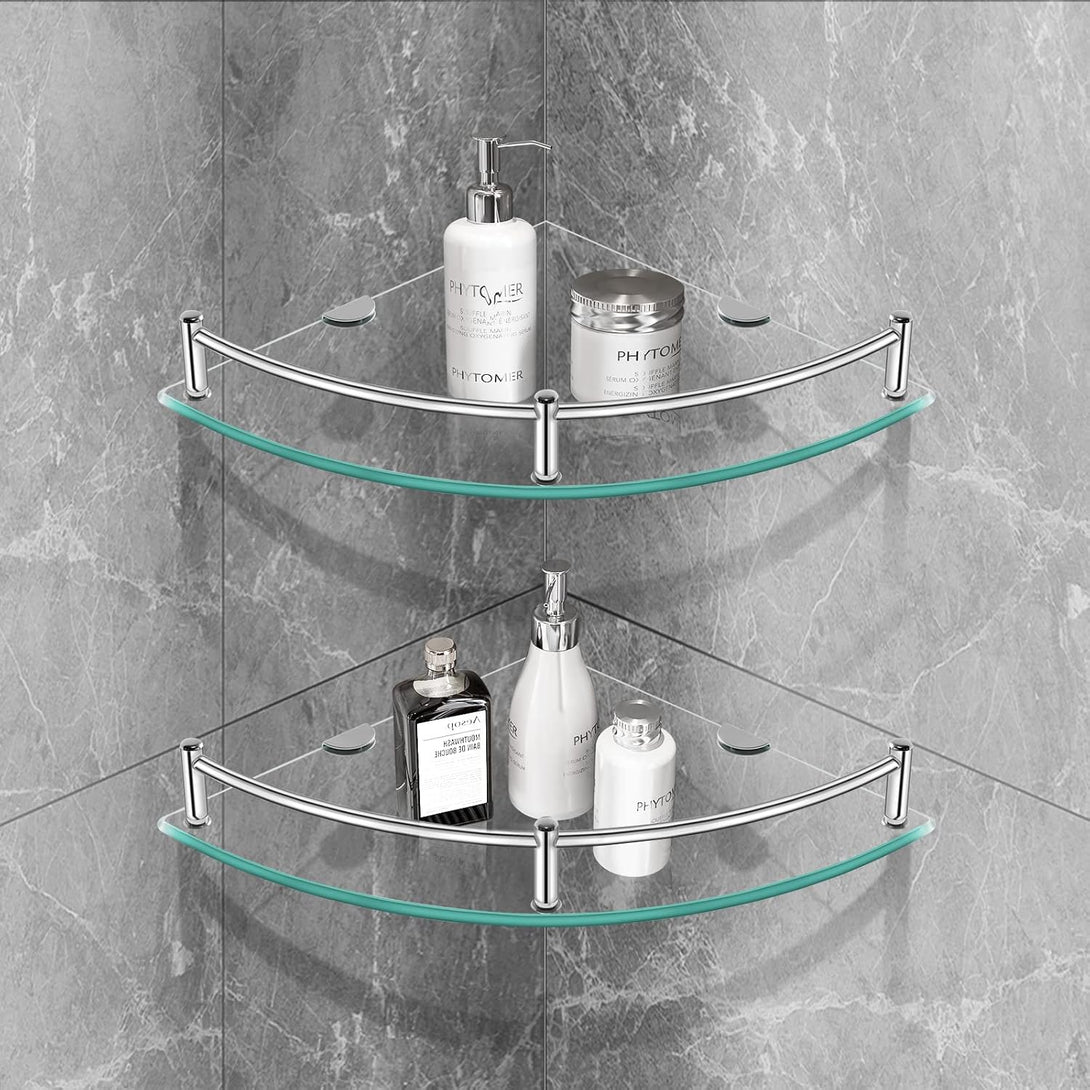 Glass Shower Shelves Caddies Tempered Bathroom Glass Shelf with Rail Wall Mounted Drill Hole for Corner Shower Shelf for inside Shower 2 Pack