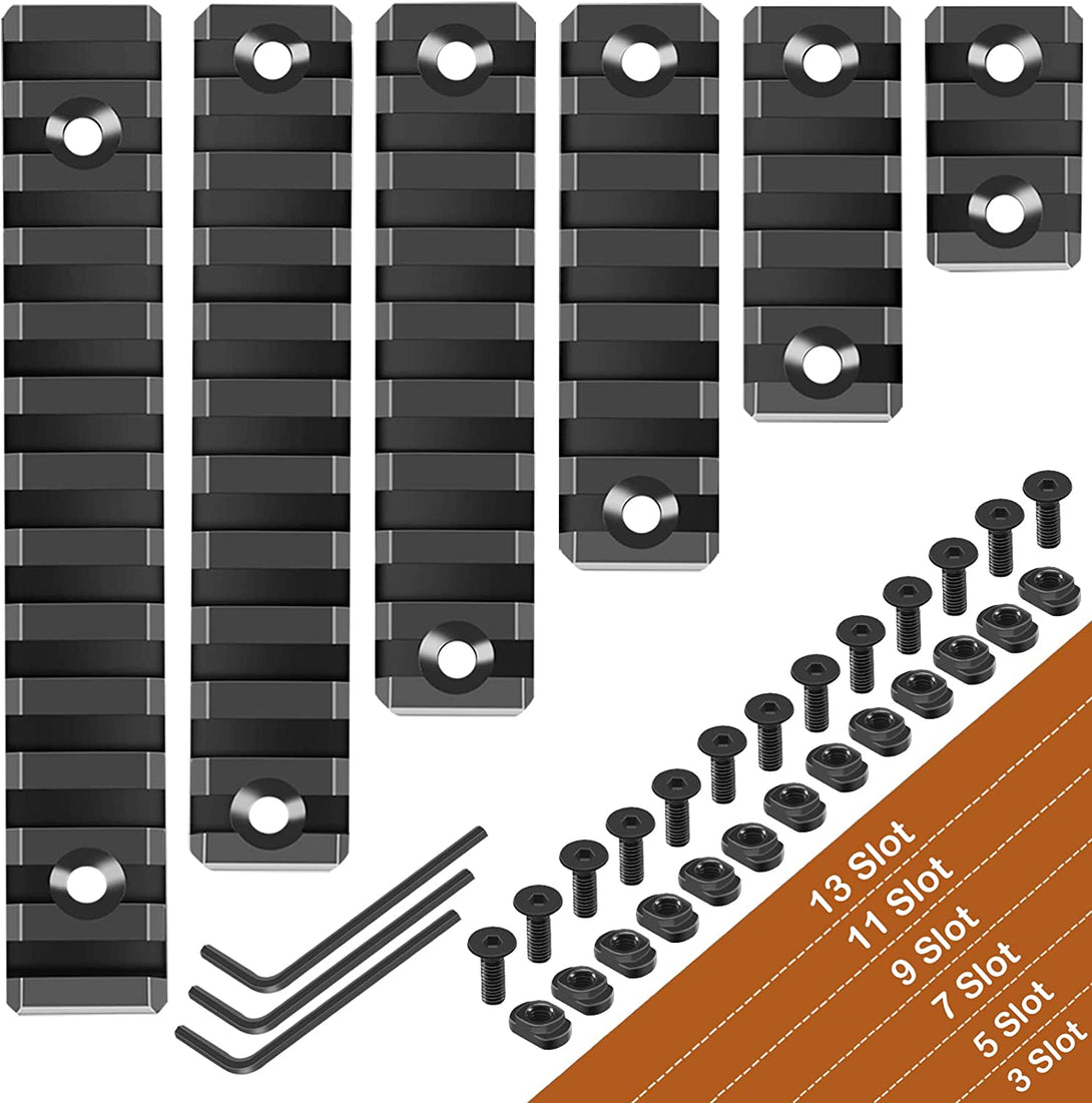 6 Pack Single Mloc Picatinny Rail Set for Mlock 3 5 7 9 11 13 Slots with 13 T-Nuts & Screws, 3 Allen Wrench - Black