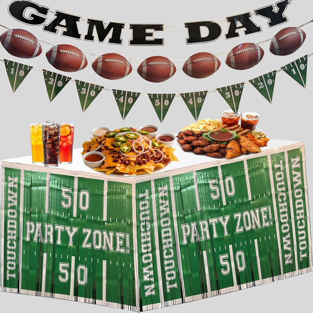 3 Pack Football Party Zone Metallic Fringe Table Skirt, Green and White, 50 Yard Line Design, Game Day Decoration, Footbale Table Decoration