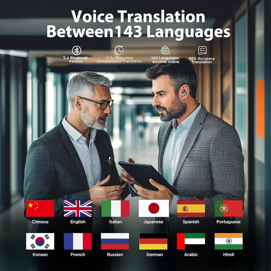 AI Language Translation Earbuds Real-Time 2-Way Translator with 143 Languages & Accents, 3-1 Wireless Earbuds Smart Touch Control, 60H Earbuds for Travel Business Learning, Fit Ios and Android V-01