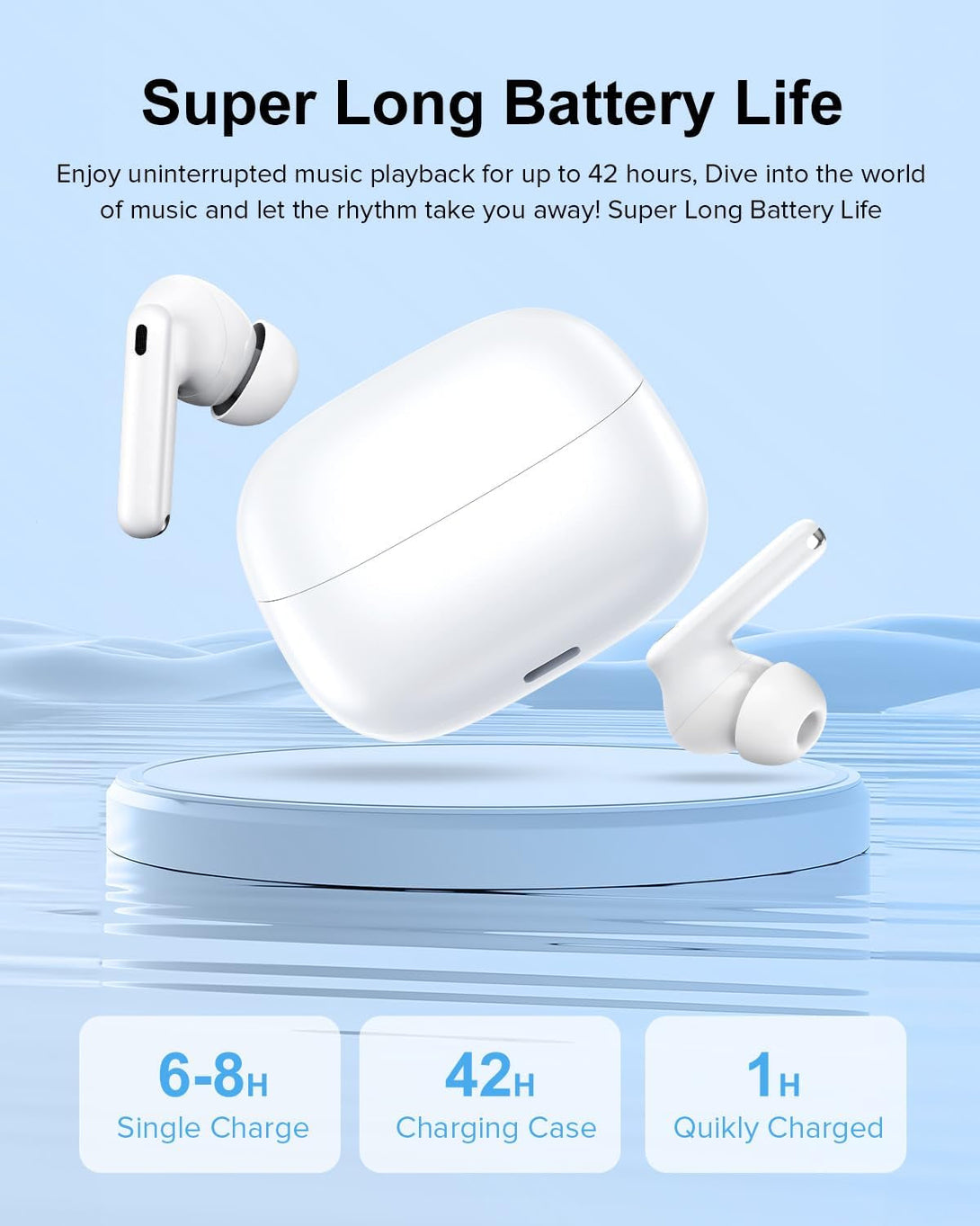 Wireless Earbuds, 42H Playtime Bluetooth 5.3 Headphones, Hifi Stereo Call Noise Cancelling Earbuds, IPX7 Waterproof Stereo In-Ear Earphones with LED Display for Ios Android (White)