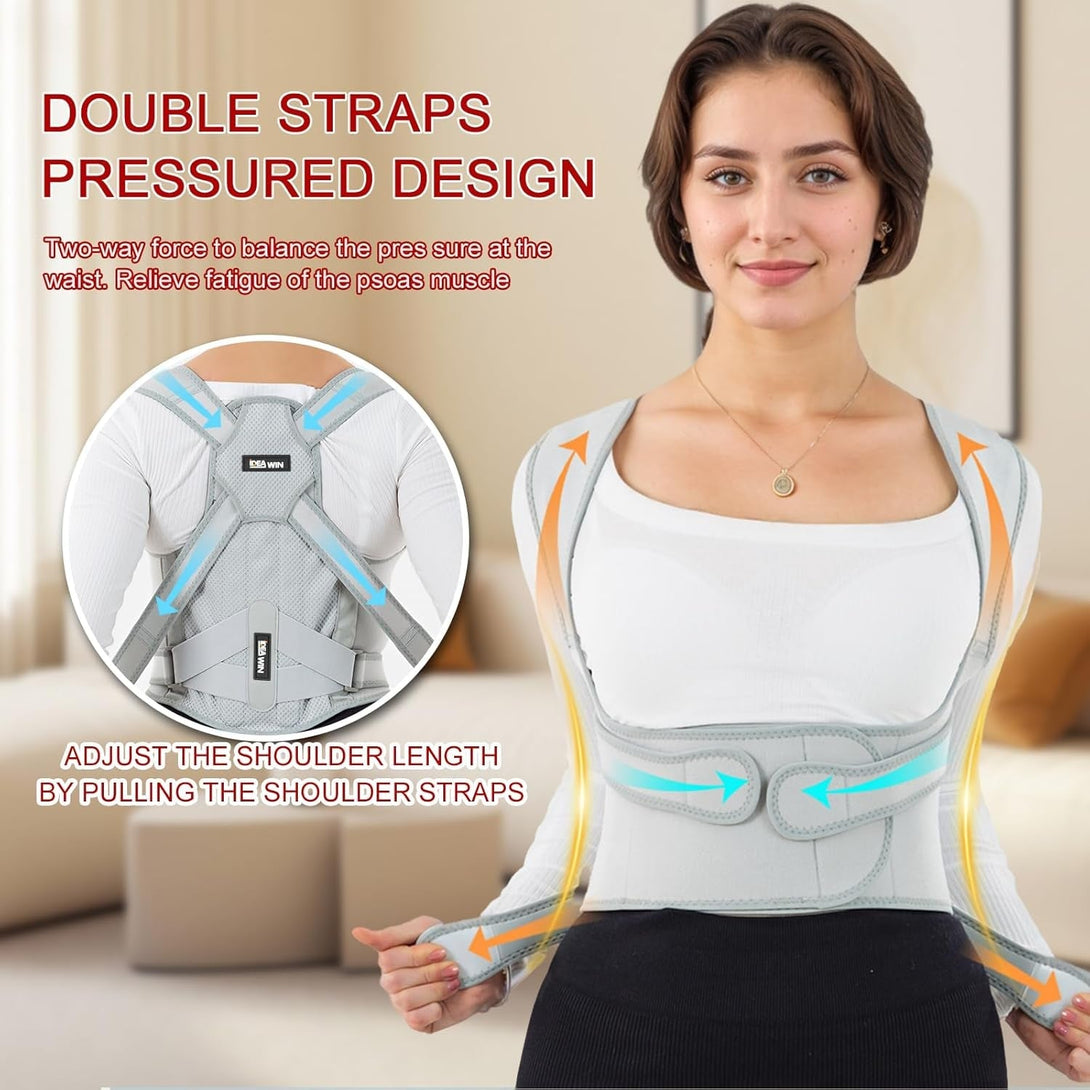 Back Brace Posture Corrector for Women and Men with Detachable Heating Pad - Adjustable Posture Corrector Belt, Relieve Pain in Upper and Lower Back, Waist, and Shoulders (Gray, Medium)