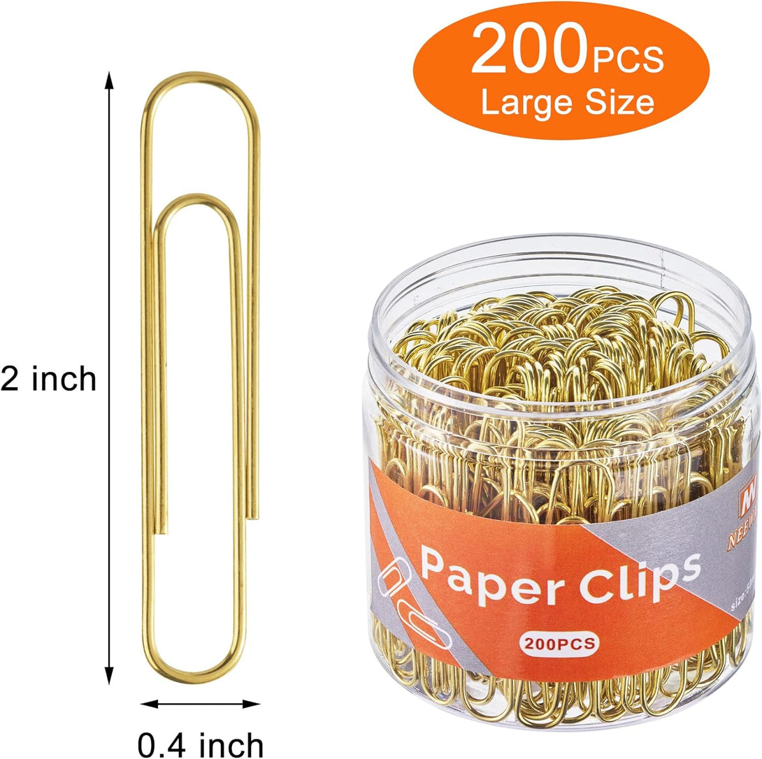 Gold Paper Clips, 200 Count Large Size, 2 Inch Jumbo Paperclips, Stylish Gold-Plated Paper Clip