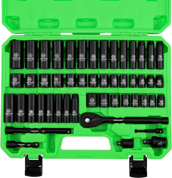 SWANLAKE 3/8" Drive Impact Socket Set, 50-Piece Standard SAE (5/16 to 3/4 Inch) and Metric (8-22Mm) Size, 6 Point, Cr-V, 3/8-Inch Ratchet Handle, Extension Bar, Universal Joint