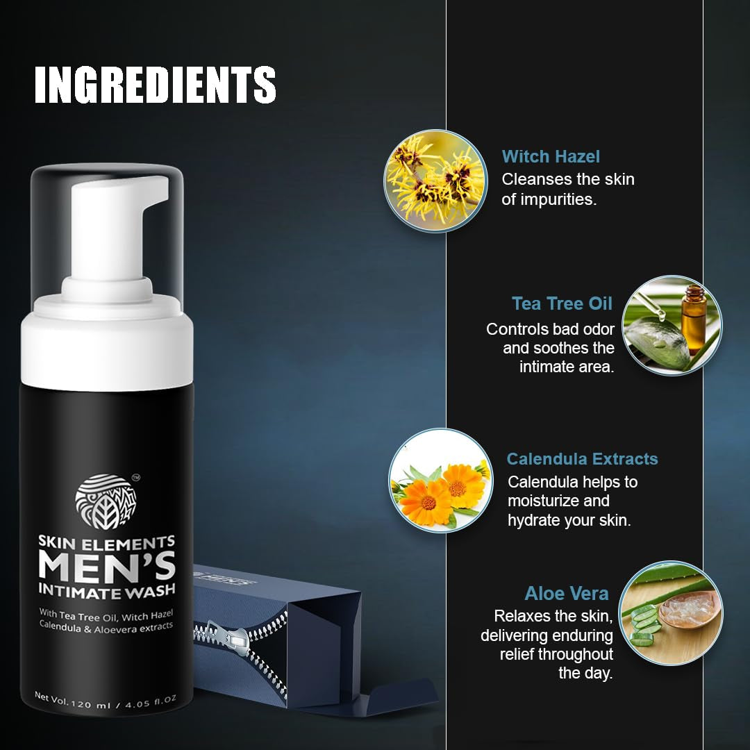 Skin Elements Intimate Wash for Men | Ph Balanced Foaming Wash with Tea Tree Oil & Aloe Vera | Soothes, Refreshes & Maintains Hygiene | 4.05 Fl. Oz. |