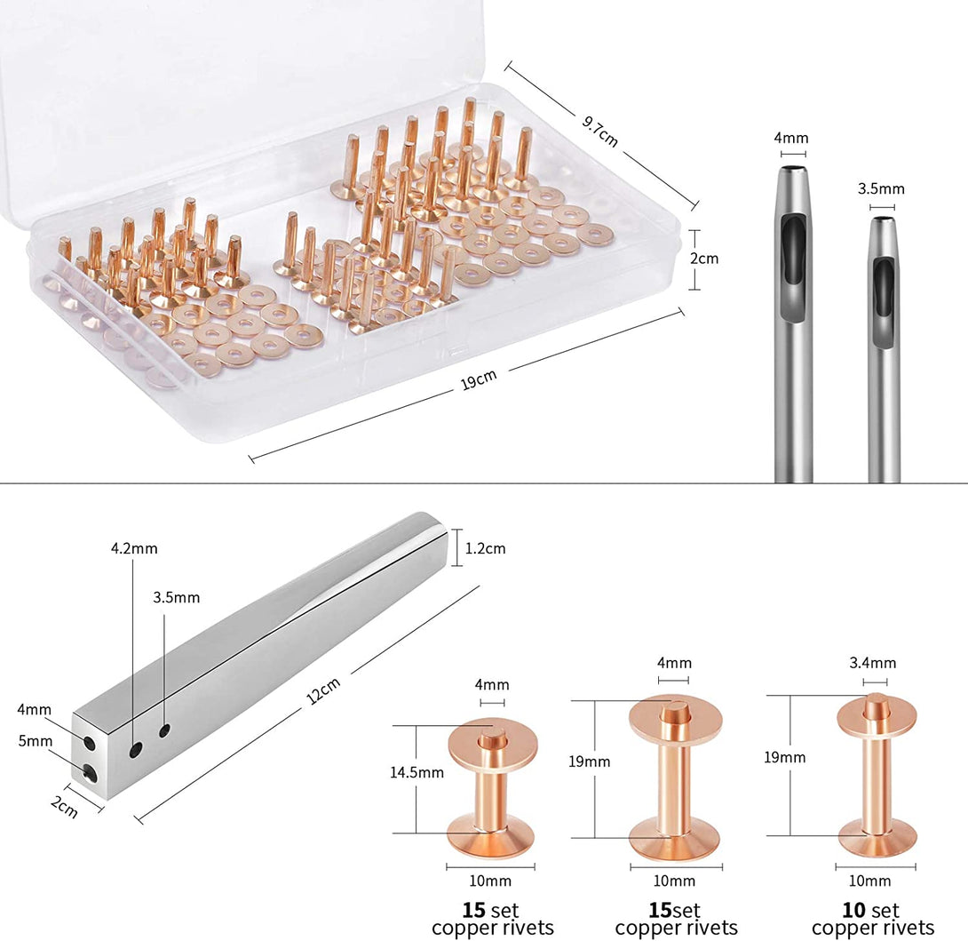 Junesunshine 84Pcs, Copper Rivets and Burrs, #9 and #12 Burrs Setter, Leather Rivets Fastener Install Setting Tool with 4Mm Leather Hole Punch Cutter for Belts Wallets Collars Leather Working Supplies