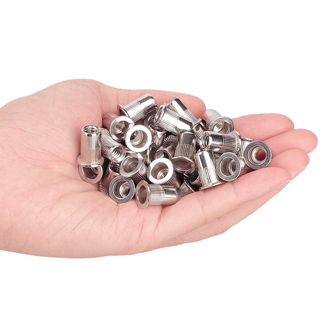 40Pcs 1/4”-20 Rivet Nuts Stainless Steel Threaded Insert Nut 1/4-20UNC Nutsert Rivnuts Flat Head Knurled Body