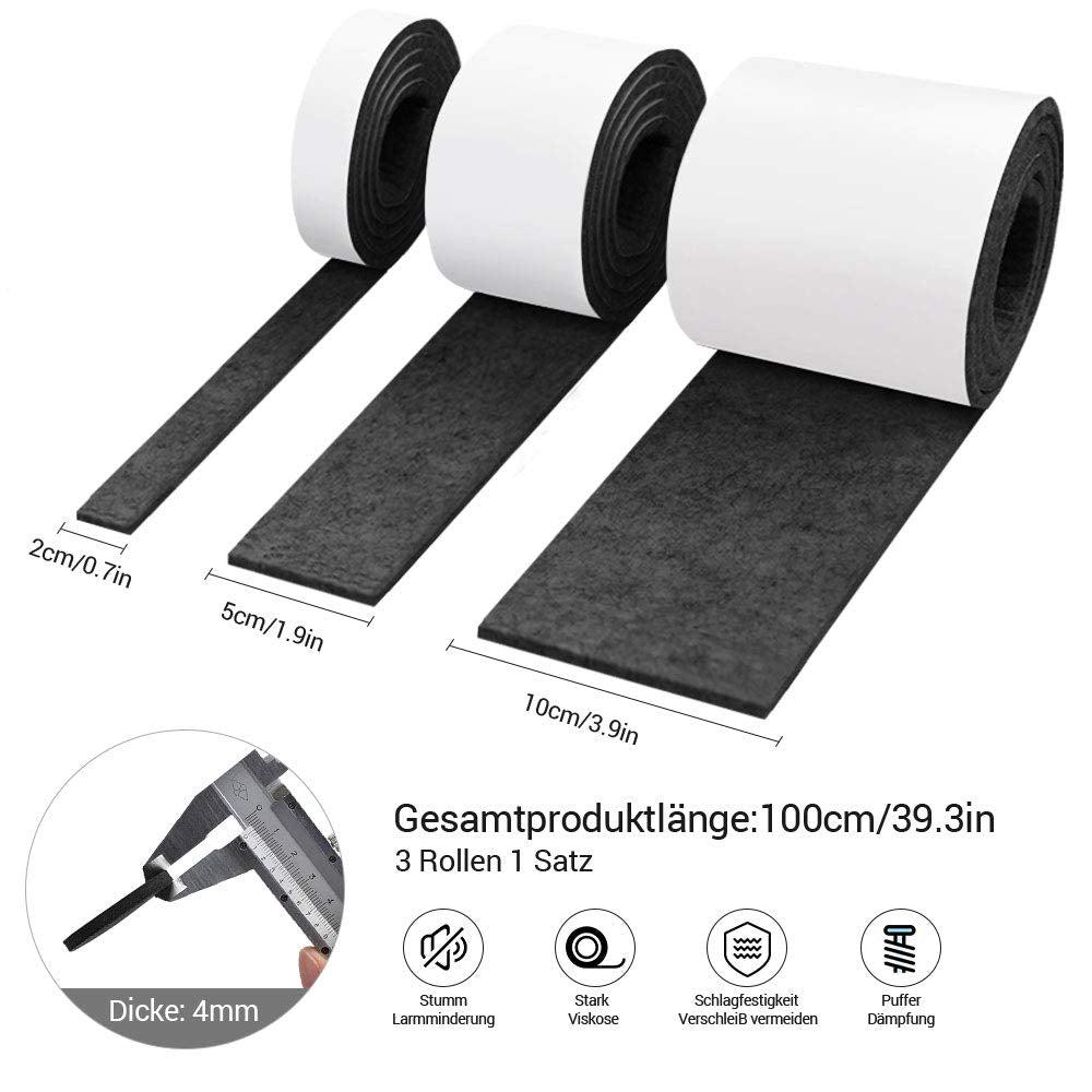 3 Rolls Felt Tape with Adhesive Backing, Adhesive Felt Pads for Furniture, Rocking Chair Floor Protectors, Heavy Duty Felt Pads Cut Any Shape, Felt Strips for Chairs, Floor Protection