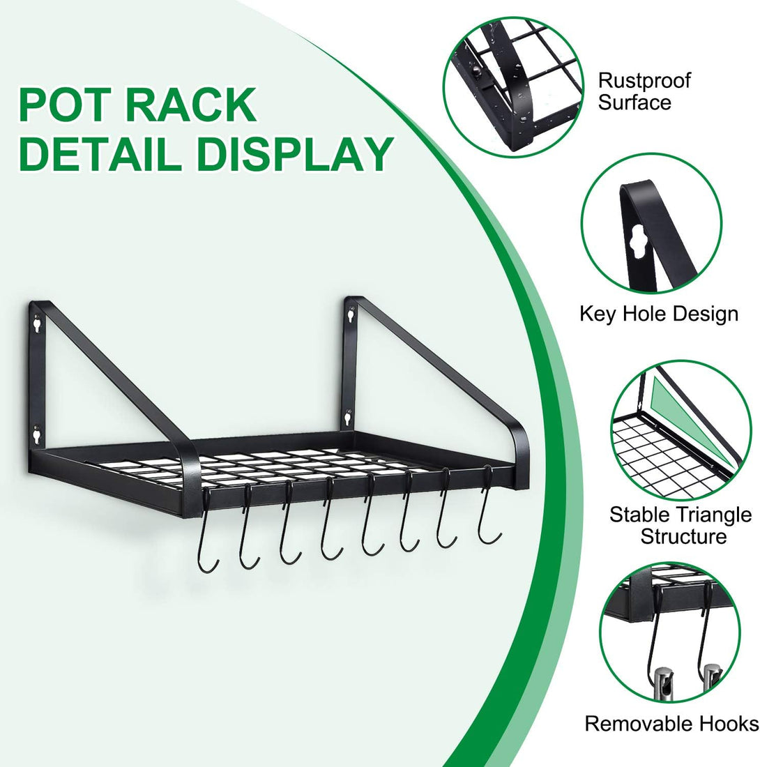 G-TING Hanging Pot Rack, Pot and Pan Organizer Wall Mounted Pots Holder Kitchen Storage Shelf with 8 Hooks, Ideal for Pans Set, Utensils, Cookware, Books, Household, Black, 2 DIY Methods