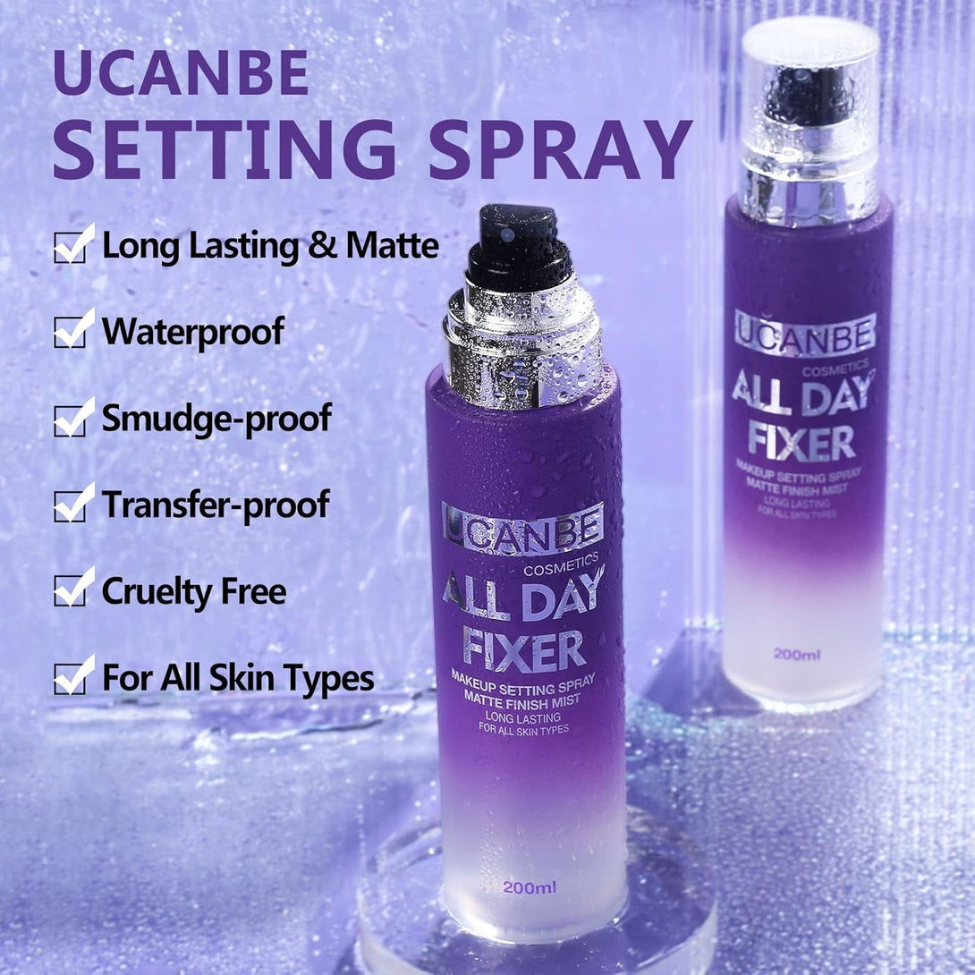 Long Lasting Makeup Setting Spray Kit- 6.76 Fl Oz Hydrating Matte Finish Mist Lightweight Face Make up Fixer +Travel Size Spray Bottle+Sponge Puff Makeup Set
