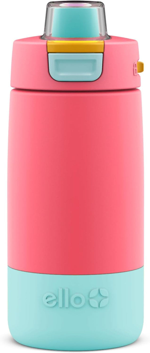 Ello Kids Colby 12Oz Stainless Steel Insulated Water Bottle with Straw and Built-In Silicone Coaster Carrying Handle and Leak-Proof Locking Lid for School Backpack, Lunchbox, and Outdoor Sports