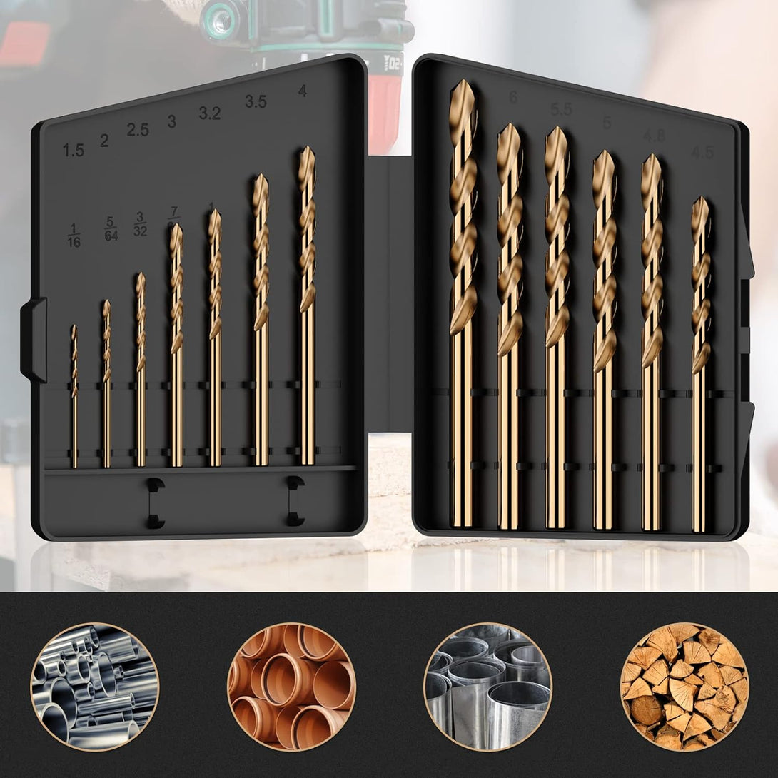 Cobalt Drill Bit Set, 13Pcs M35 High Speed Steel Jobber Length Drill Bit Kit for Hardened Metal, Stainless Steel, Cast Iron, Wood and Plastic, with Index Storage Case, 1/16"-1/4"