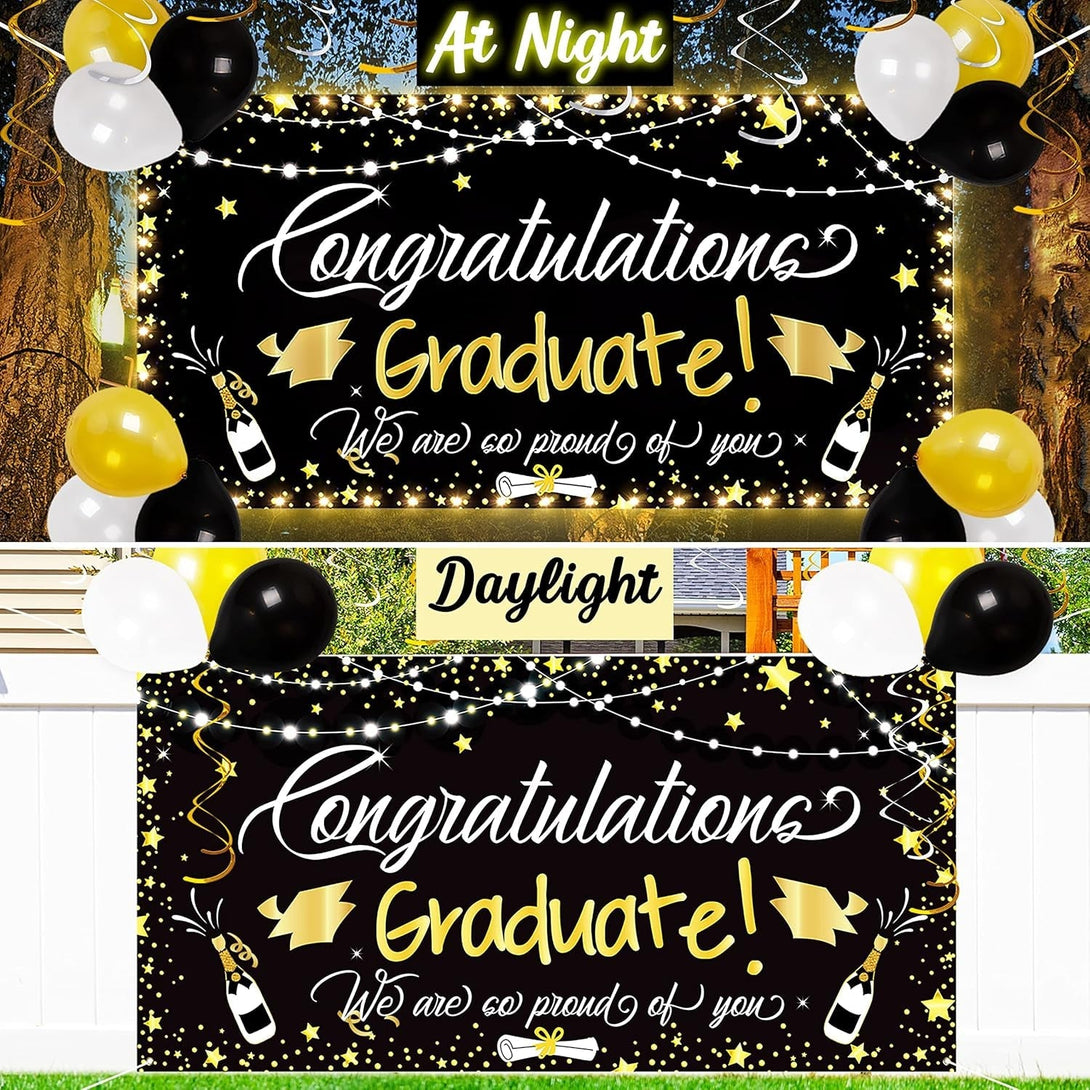 90Shine Graduation Decorations Class of 2025 - Lighted Large Congrats Grad Banner Garland Photo Backdrop+Balloons+Hanging Swirls Party Supplies (25PCS, Black, Not Include Battery)