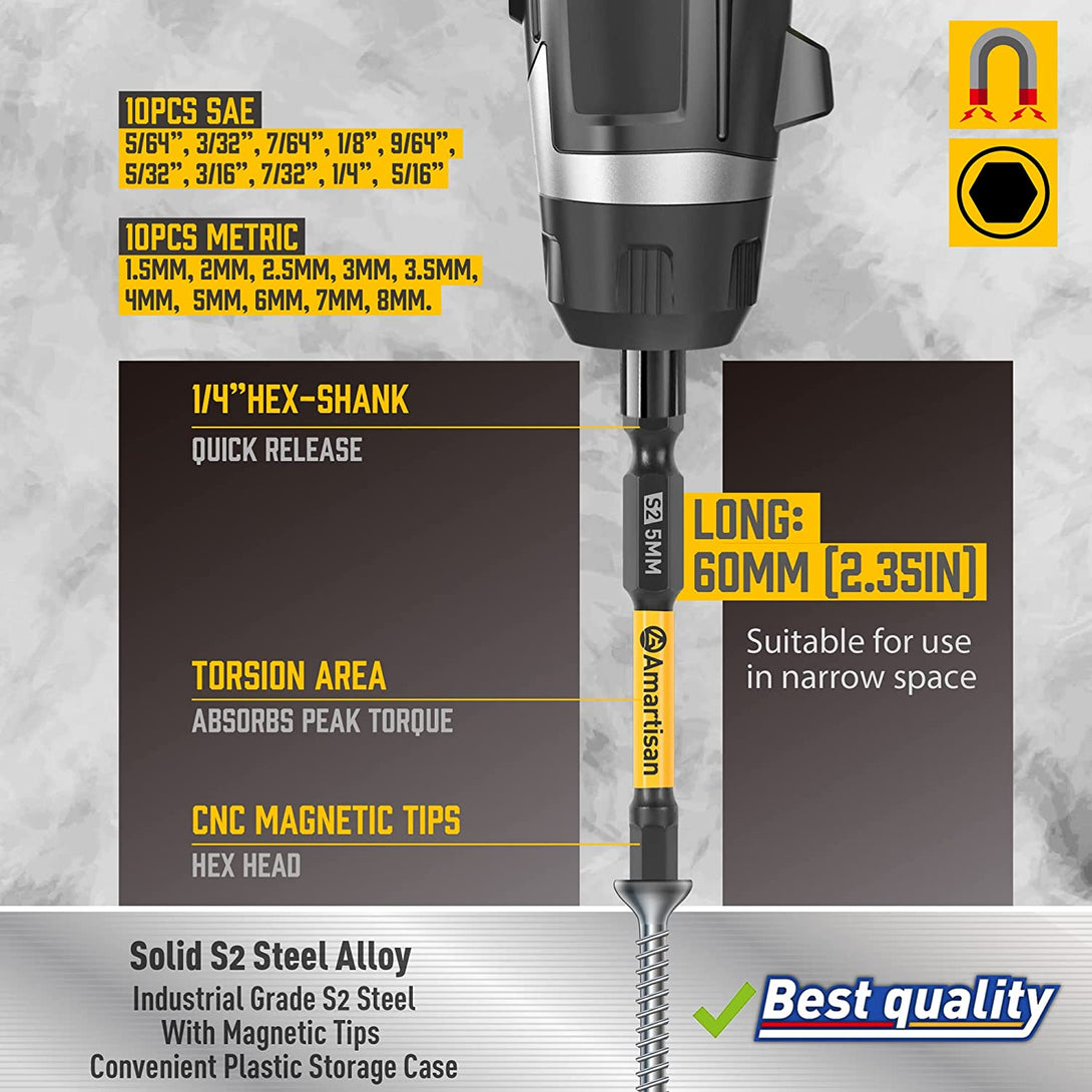 Amartisan 20-Piece Hex Head Allen Wrench Drill Bit Set, Metric and SAE S2 Steel Hex Bits Set, Magnetic Tips, 2.3" Long with Storage Box. (20-Piece Hex Bit Set - New)