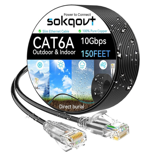 Cat6A Ethernet Cable Slim 150Ft Outdoor&Indoor, 28AWG Pure Copper Cat6 Internet Cable for Waterproof & Direct Burial, Flexible Cat6 Ethernet Cable 10G 550MHZ, Cat 6 Network Cable for Indoor Black