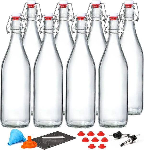 8 Pack [1 Liter / 33 Fl. Oz.] Swing Top Glass Bottles W/ Airtight Stopper Lids – Flip Top Brewing Bottle for Fermentation, Kombucha, Mead, Vinegar, Beer, Kefir, Wine – with 8 Extra Seals & 2 Pourers